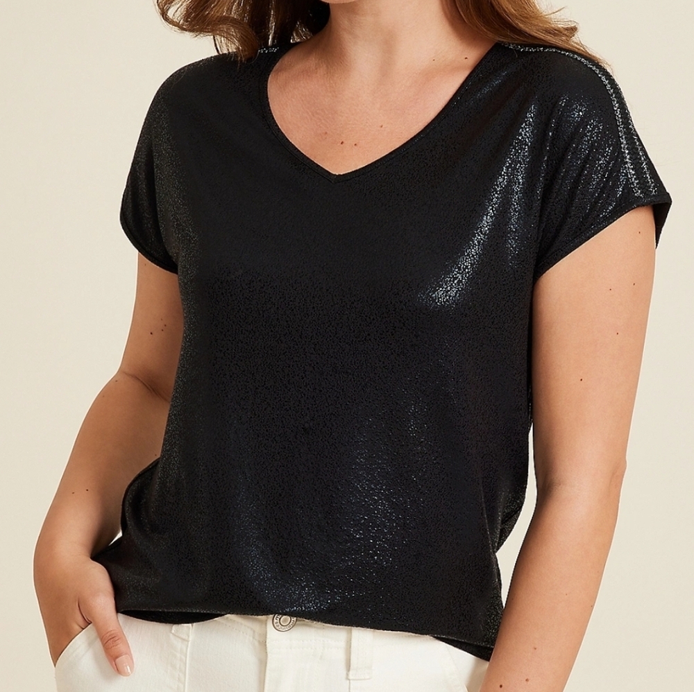 Maurices V Neck lightweight shimmer top with adornment on shoulders.